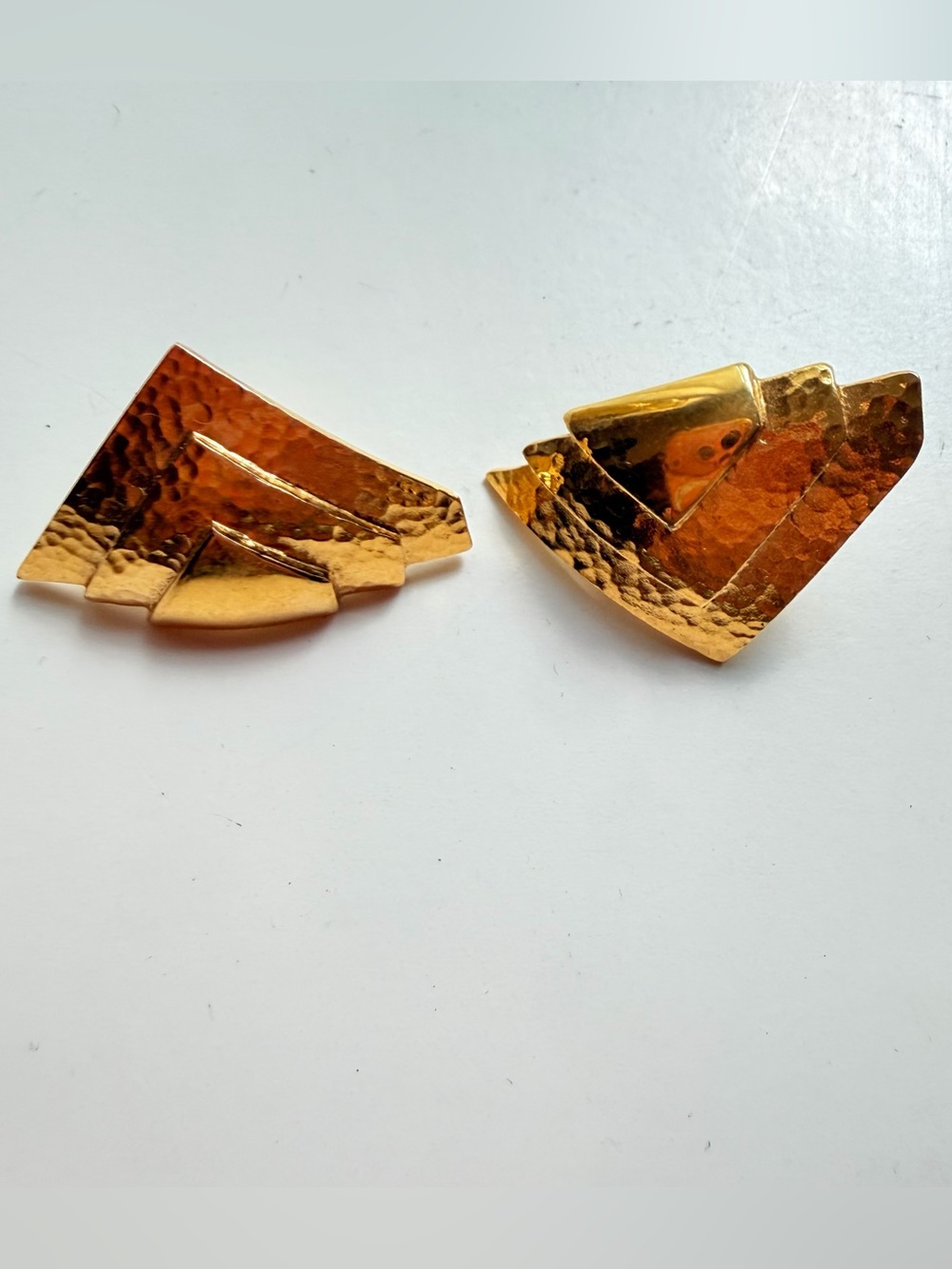 Vintage Gold-Tone Geometric Triangle Stud Earrings- Textured Modernist Statement